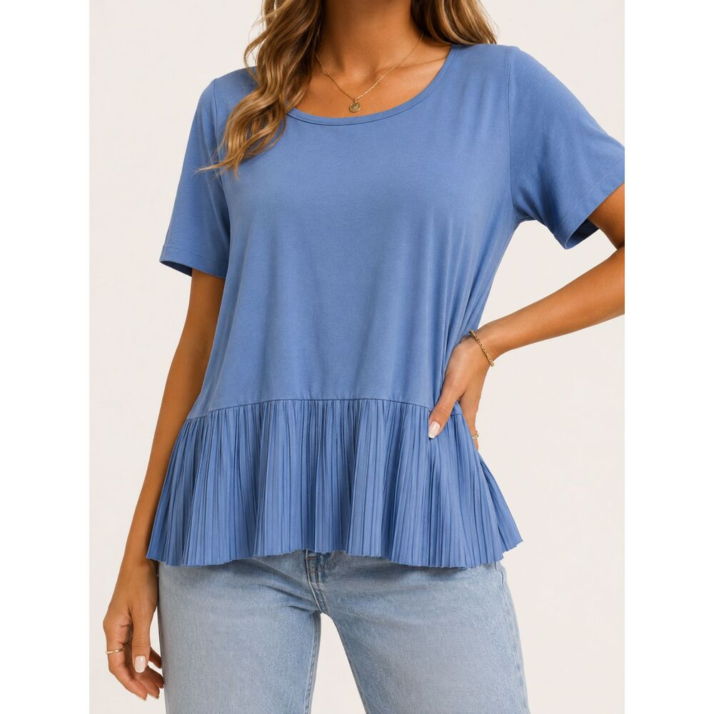 Lands' End Plus 2X Blue Pleated Peplum Top Short Sleeve Coastal Preppy Blouse